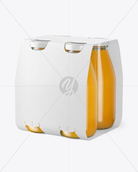 4 Bottles w/ Orange Juice Pack Paper Carrier Mockup