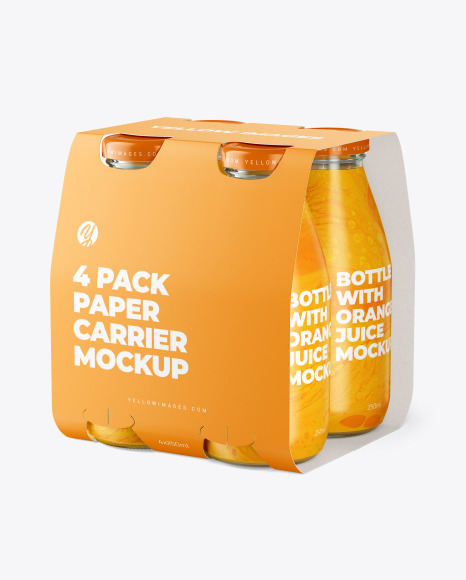 4 Bottles w/ Orange Juice Pack Paper Carrier Mockup