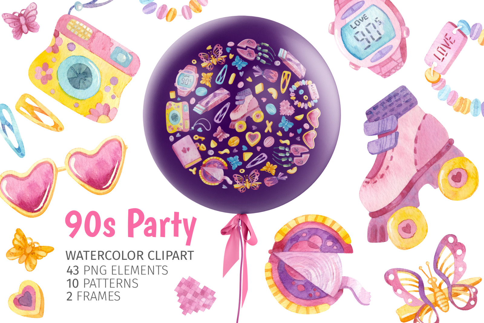 90s watercolor clipart and 90s seamless patterns set for 90s backdrop, 90s stickers, invitation 90s