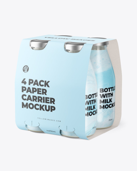 4 Bottles w/ Milk Pack Paper Carrier Mockup