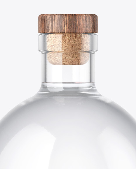 Clear Glass Vodka Bottle with Wooden Cap Mockup