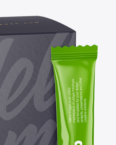 Glossy Stick Sachet w/ Paper Box Mockup