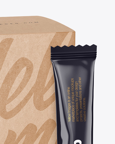 Glossy Stick Sachet w/ Kraft Box Mockup