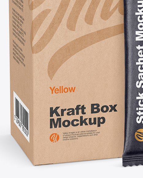 Kraft Stick Sachet w/ Kraft Box Mockup