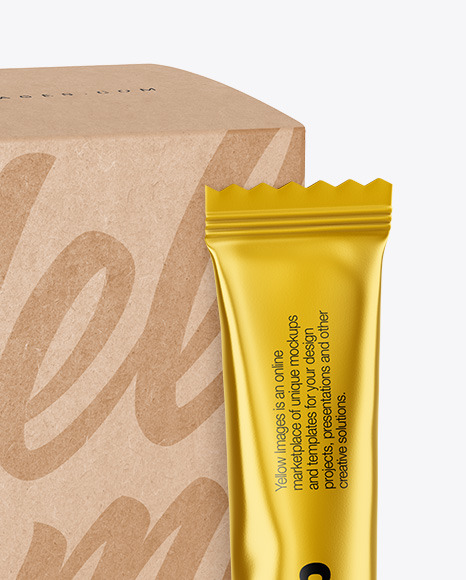 Matte Metallic Stick Sachet w/ Kraft Box Mockup