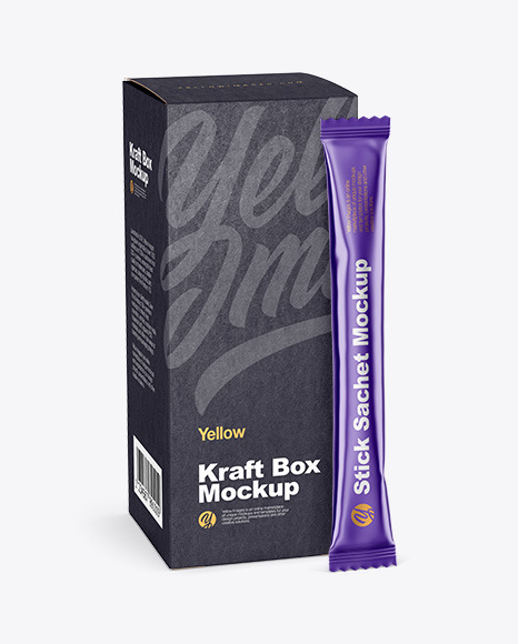 Matte Metallic Stick Sachet w/ Kraft Box Mockup