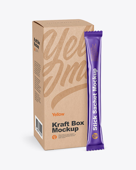 Metallic Stick Sachet w/ Kraft Box Mockup