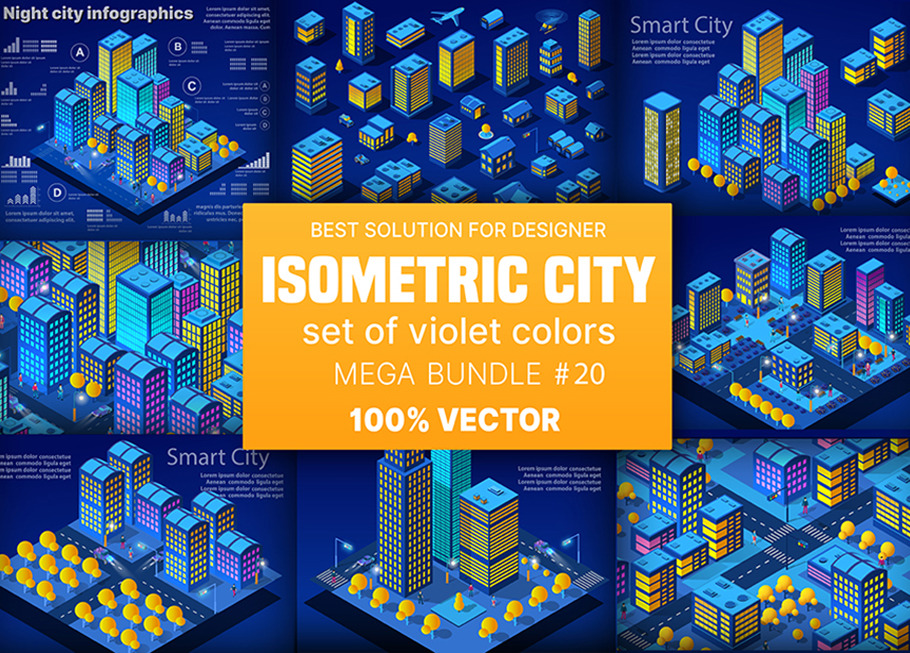 Night neon isometric city