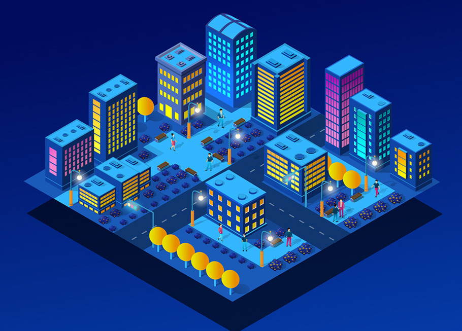 Night neon isometric city