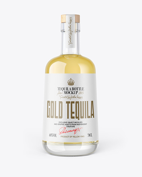 Gold Tequila Bottle with Wooden Cap Mockup