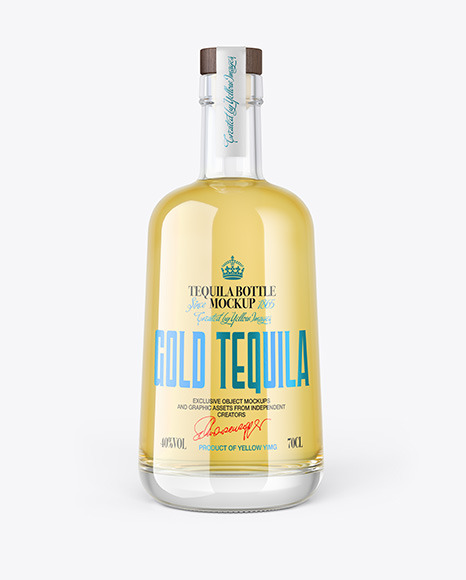 Gold Tequila Bottle with Wooden Cap Mockup