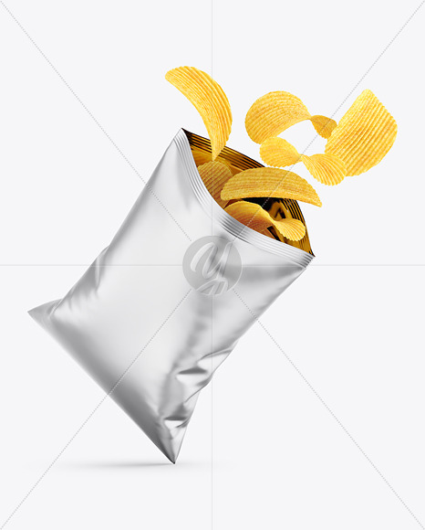 Opened Matte Metallic Bag With Riffled Potato Chips Mockup