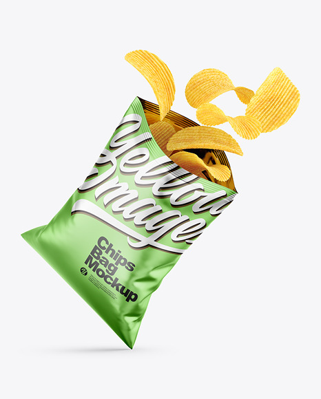 Opened Matte Metallic Bag With Riffled Potato Chips Mockup