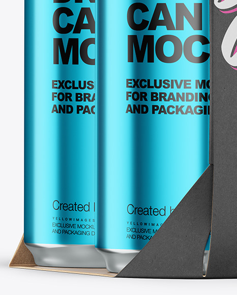 Carton Pack W/ 4 Glossy Metallic Cans Mockup