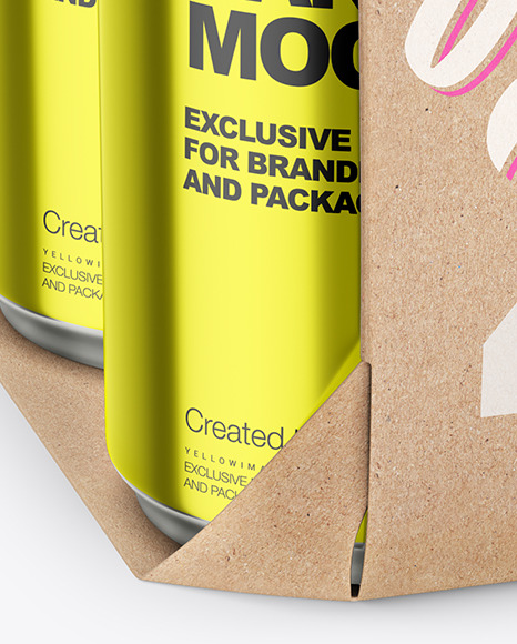 Carton Pack W/ 4 Glossy Metallic Cans Mockup