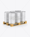 Wooden Pallet With 6 Metal Barrels Mockup - Half Side View