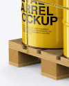 Wooden Pallet With 6 Metal Barrels Mockup - Half Side View