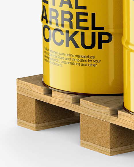 Wooden Pallet With 6 Metal Barrels Mockup - Half Side View