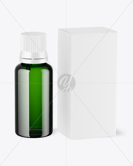 Green Glass Dropper Bottle with Paper Box Mockup