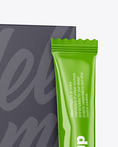 Glossy Stick Sachet w/ Paper Box Mockup