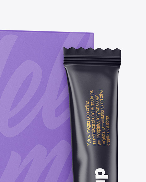 Matte Stick Sachet w/ Paper Box Mockup