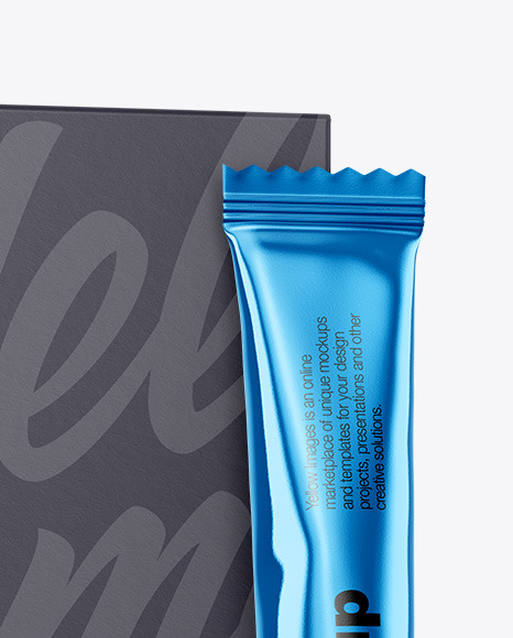 Metallic Stick Sachet w/ Paper Box Mockup