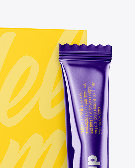 Metallic Stick Sachet w/ Paper Box Mockup