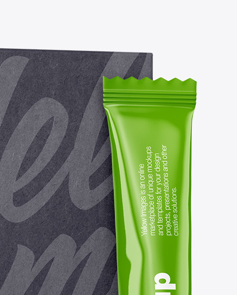 Glossy Stick Sachet w/ Kraft Box Mockup