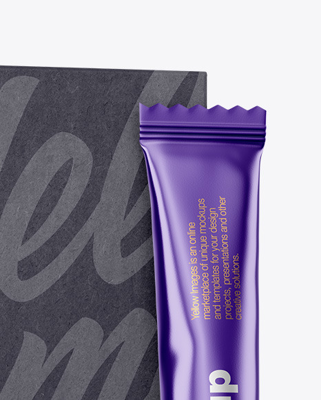 Matte Metallic Stick Sachet w/ Kraft Box Mockup