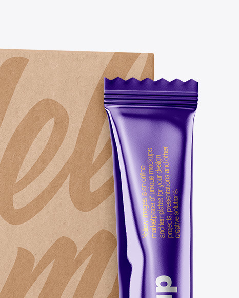 Metallic Stick Sachet w/ Kraft Box Mockup