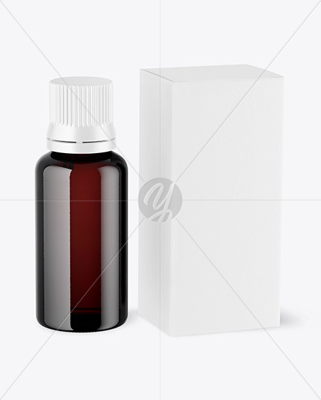 Dark Amber Glass Dropper Bottle with Paper Box Mockup