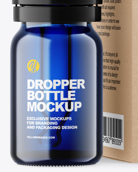 Blue Glass Dropper Bottle w/ Kraft Box Mockup