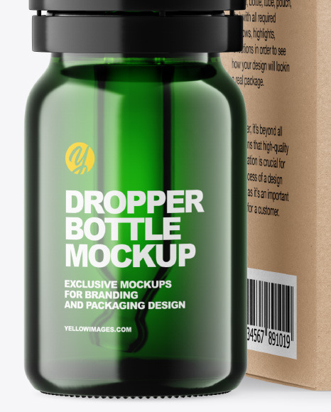 Green Glass Dropper Bottle w/ Kraft Box Mockup