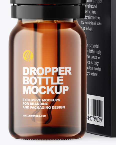 Amber Glass Dropper Bottle w/ Paper Box Mockup