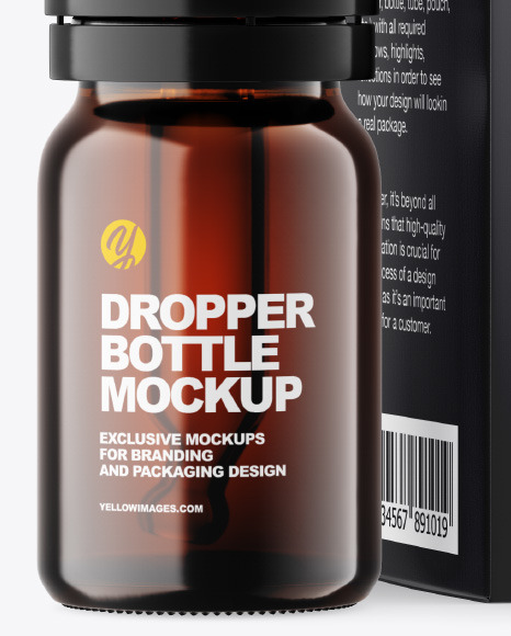 Dark Amber Glass Dropper Bottle w/ Paper Box Mockup