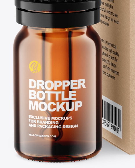 Amber Glass Dropper Bottle w/ Kraft Box Mockup