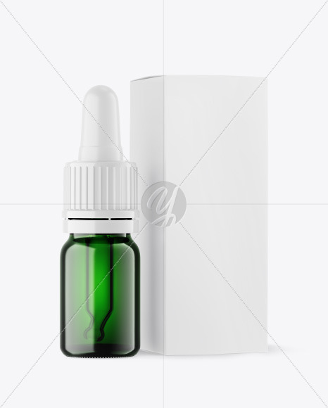 Green Glass Dropper Bottle w/ Paper Box Mockup