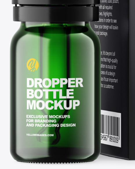 Green Glass Dropper Bottle w/ Paper Box Mockup