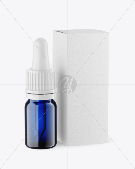 Blue Glass Dropper Bottle w/ Kraft Box Mockup