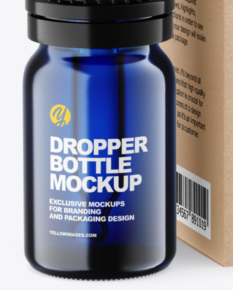 Blue Glass Dropper Bottle w/ Kraft Box Mockup