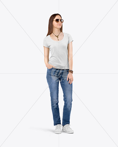 Woman in a Crew Neck T-Shirt & Jeans Mockup