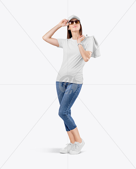 Woman in a Crew Neck T-Shirt & Jeans Mockup