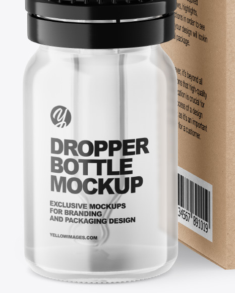 Clear Glass Dropper Bottle w/ Kraft Box Mockup