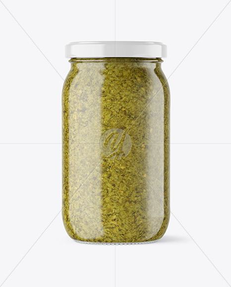 Clear Glass Jar with Pesto Sauce Mockup Clear Glass Jar with Pesto Sauce Mockup