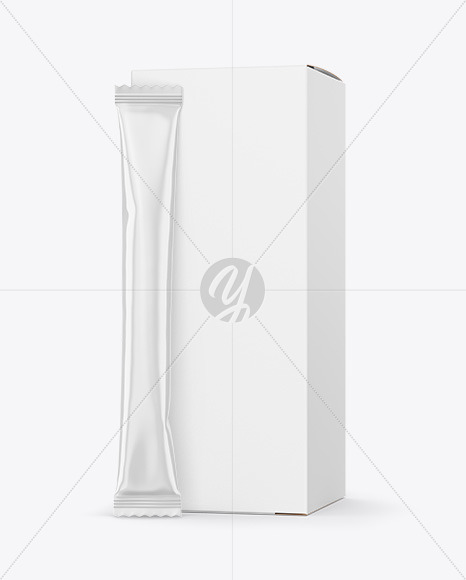 Glossy Stick Sachet with Paper Box Mockup