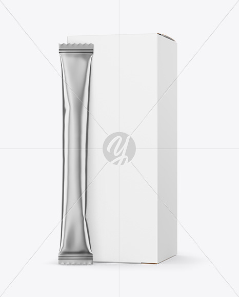 Matte Metallic Stick Sachet with Paper Box Mockup