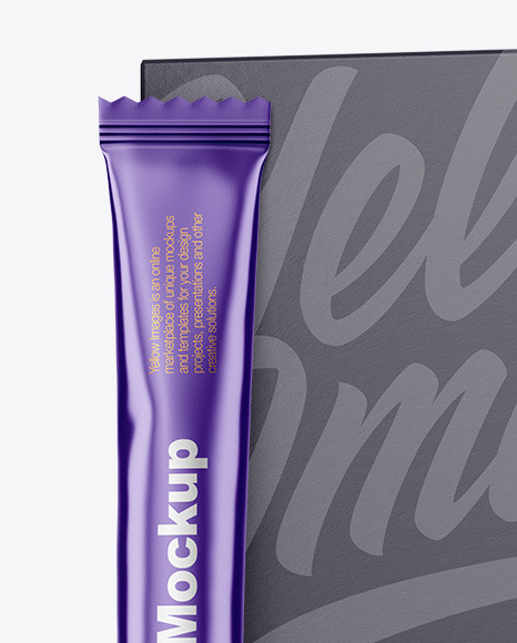 Matte Metallic Stick Sachet with Paper Box Mockup