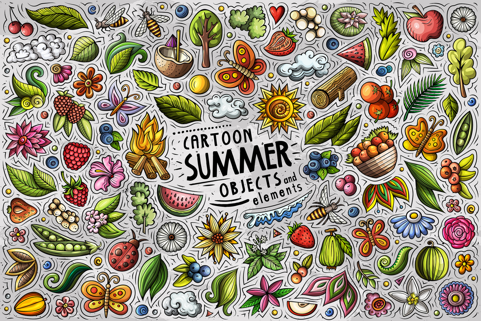 Summer Nature Cartoon Objects and Symbols Collection