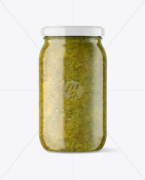 Clear Glass Jar with Spicy Herbs Sauce Mockup