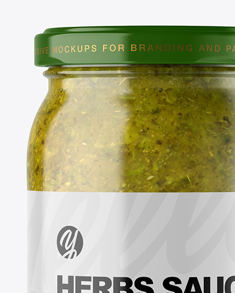 Clear Glass Jar with Spicy Herbs Sauce Mockup